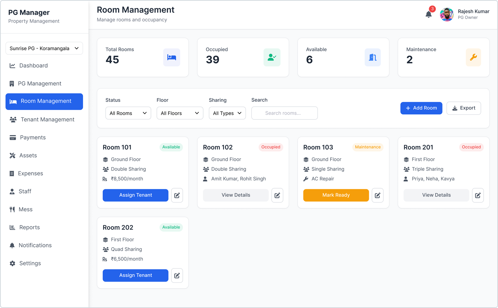 PG Management — Hostel & Property Operations built by MR Quest Technologies